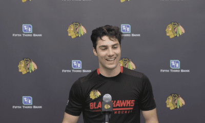 Blackhawks' Frank Nazar takes questions from media.